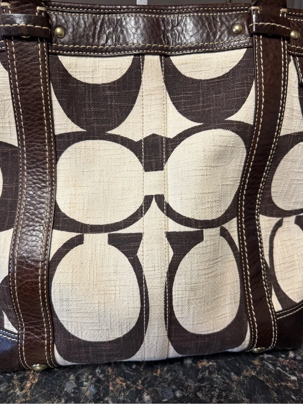 Coach Legacy Signature Turnlock Tote Brown Jacquard Canvas Leather A0768-